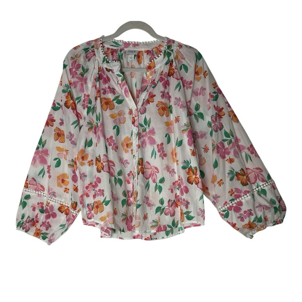 J.Crew Top Womens Large Floral Long Sleeve Button Front Resort Cotton